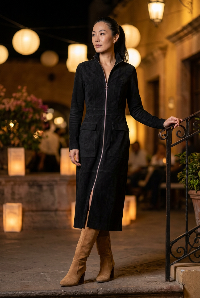 East Asian model wearing the black suede dress with tan boots in a hotel courtyard