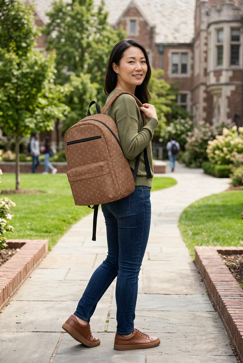 East Asian woman carrying the backpack over one shoulder in a university courtyard