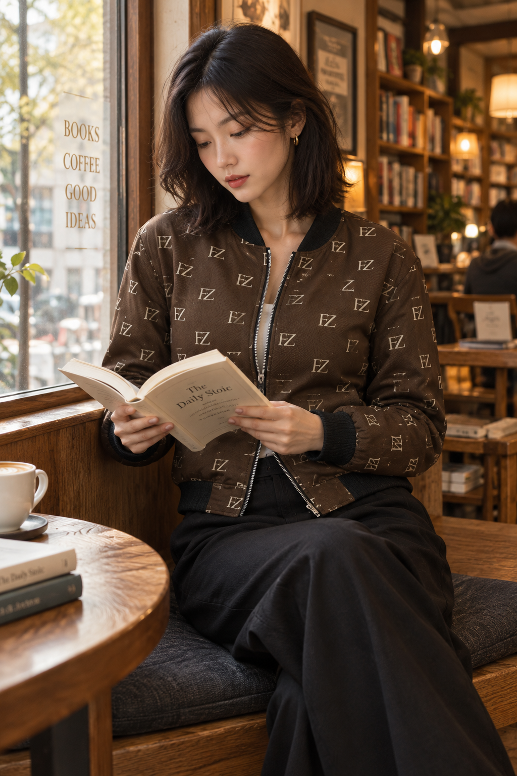 East Asian woman in the women's brown FZ bomber at a bookstore café window