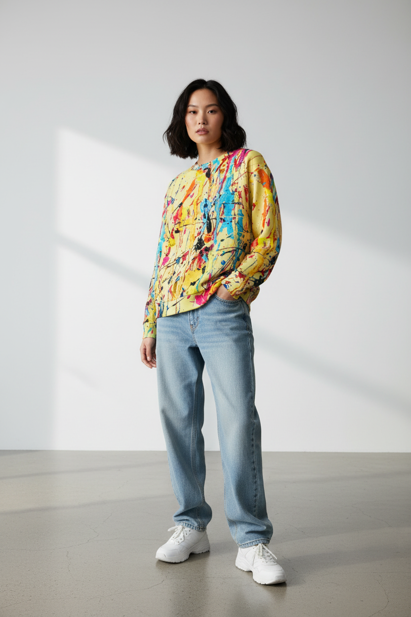 East Asian woman in yellow paint splatter sweatshirt, studio setting