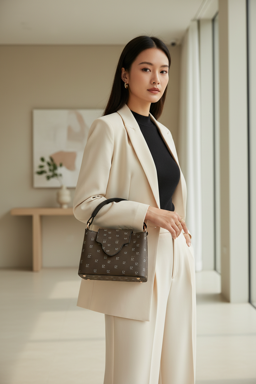 East Asian woman with brown FZ monogram handbag, interior background