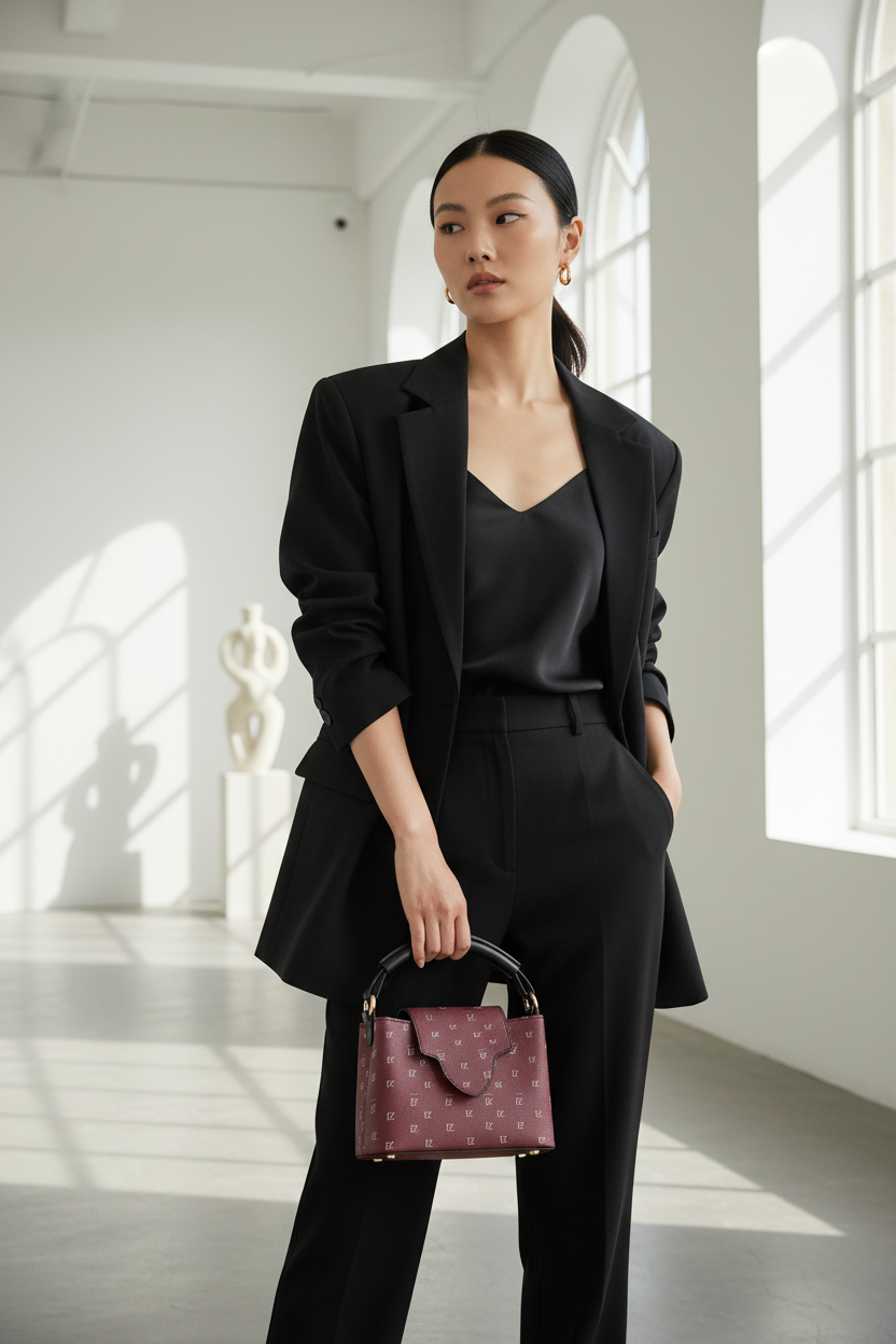 East Asian woman with burgundy FZ monogram handbag, interior background