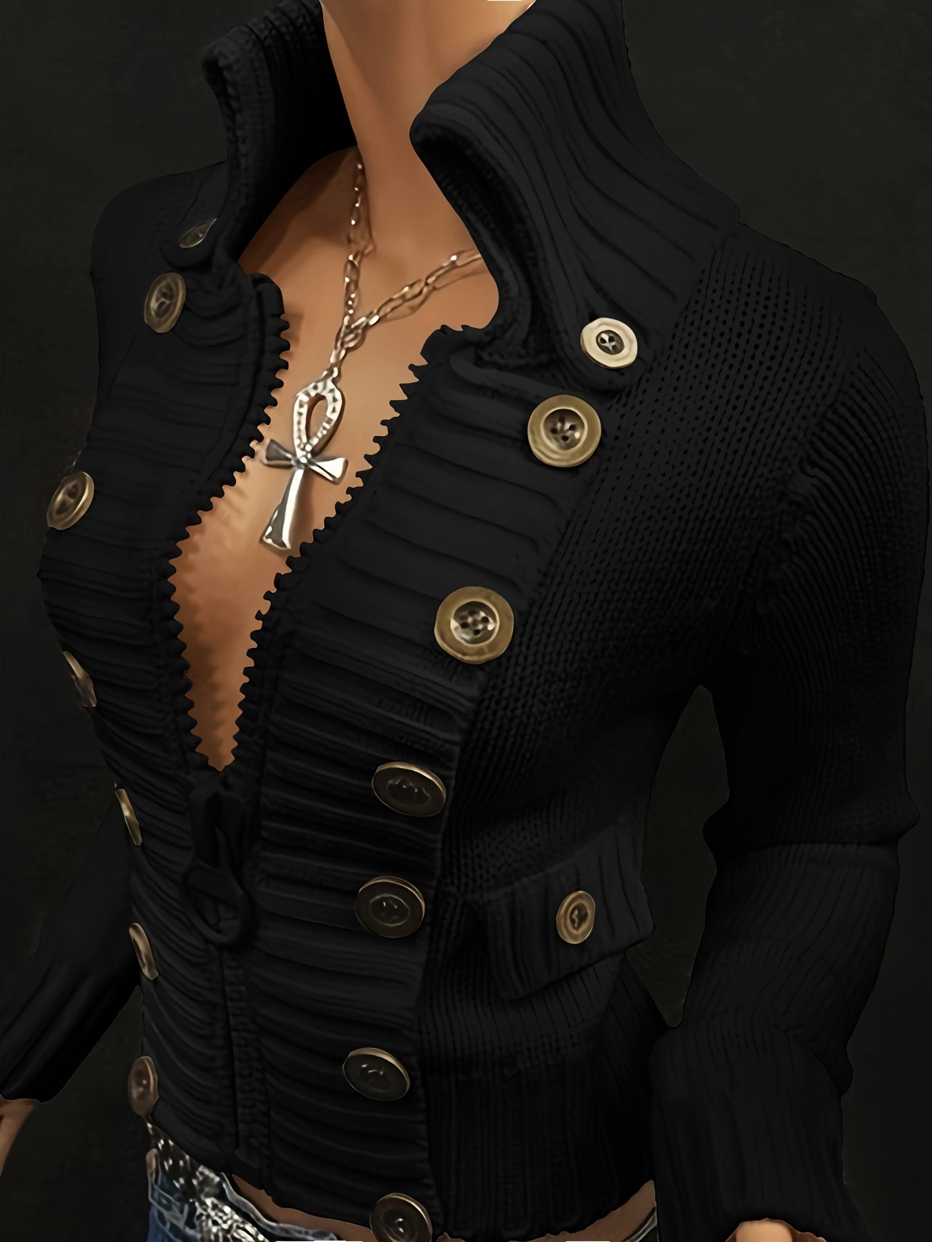 FZ Women's Multi-button decorated large zipper slim-fit Sweater jacket