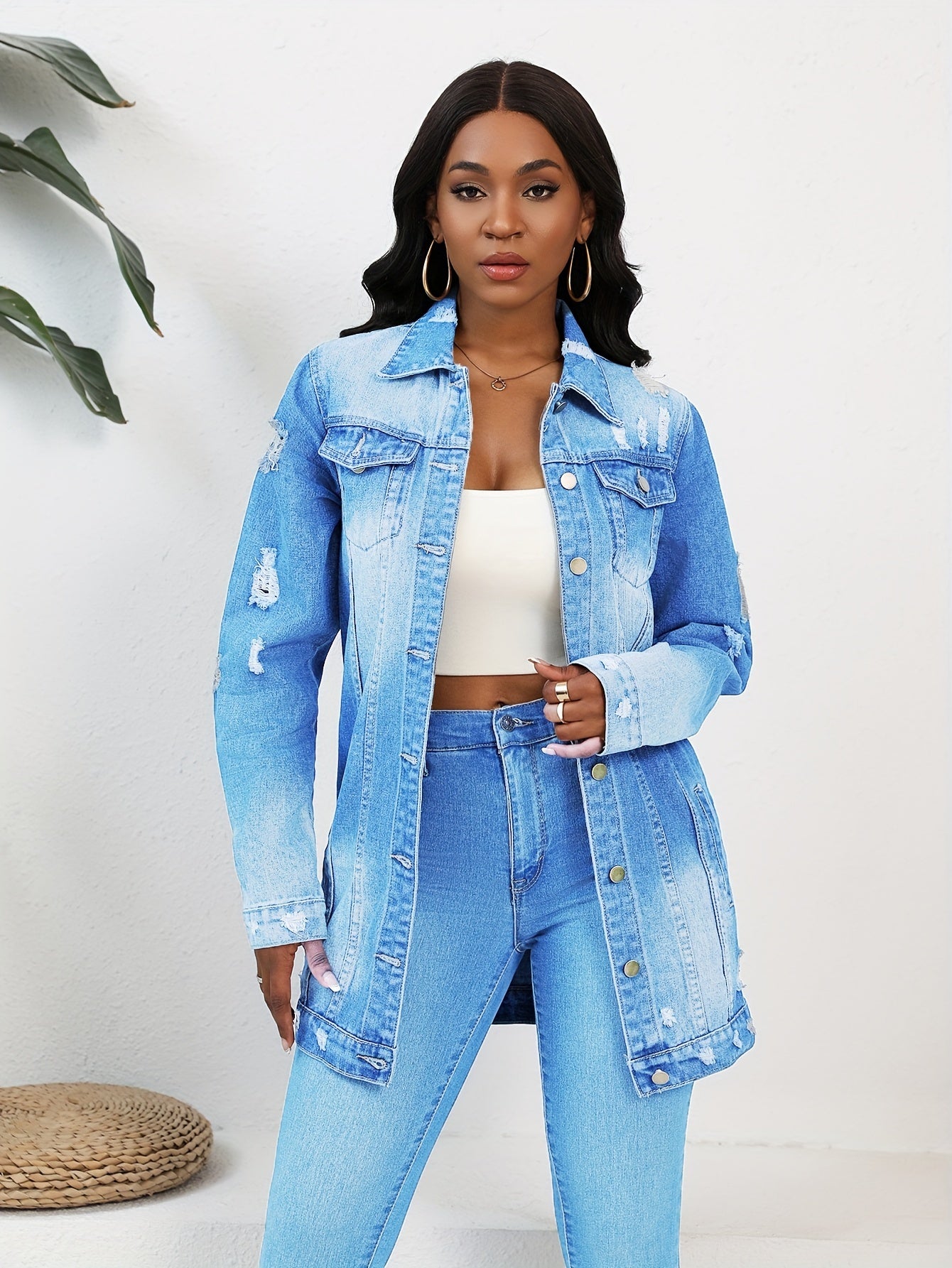 FZ Women's Solid Ripped Turn-down Collar Loose Casual Denim Jacket