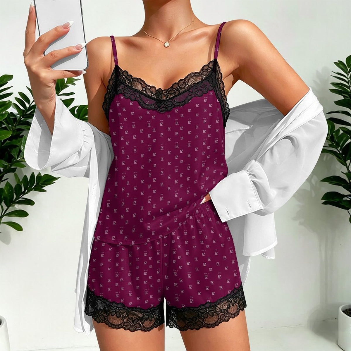 Custom Women Lace V Neck Spaghetti Strap Camisole Shorts Pajama Set