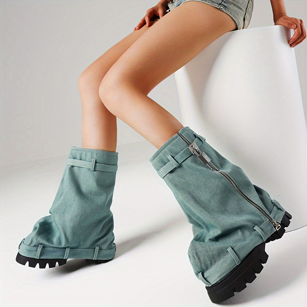 FZ Women's Mid-Calf Side Pockets & Buckle Straps Platform Wedge Denim Boots