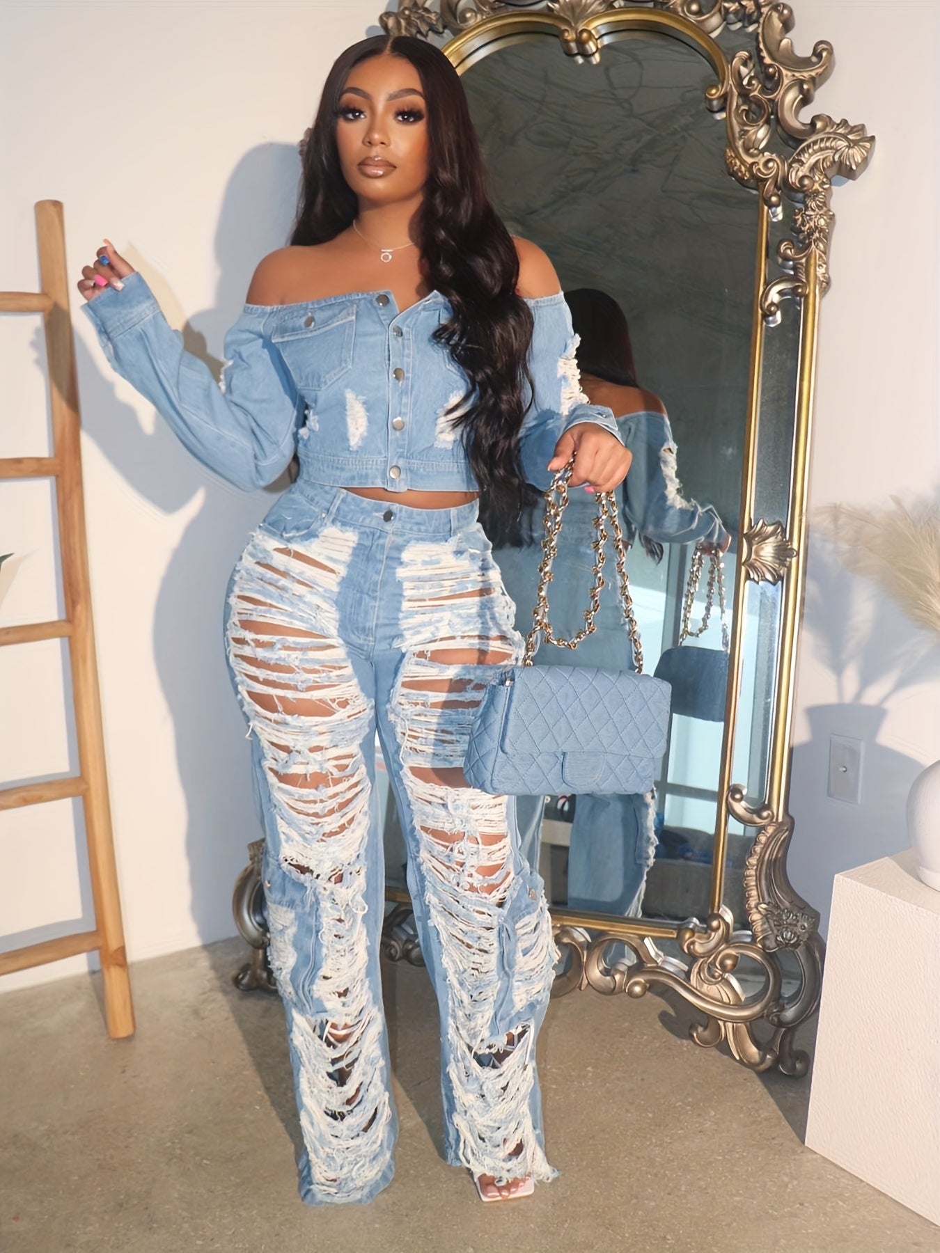 FZ Women's High-Rise Distressed Ripped Hole Denim Pants