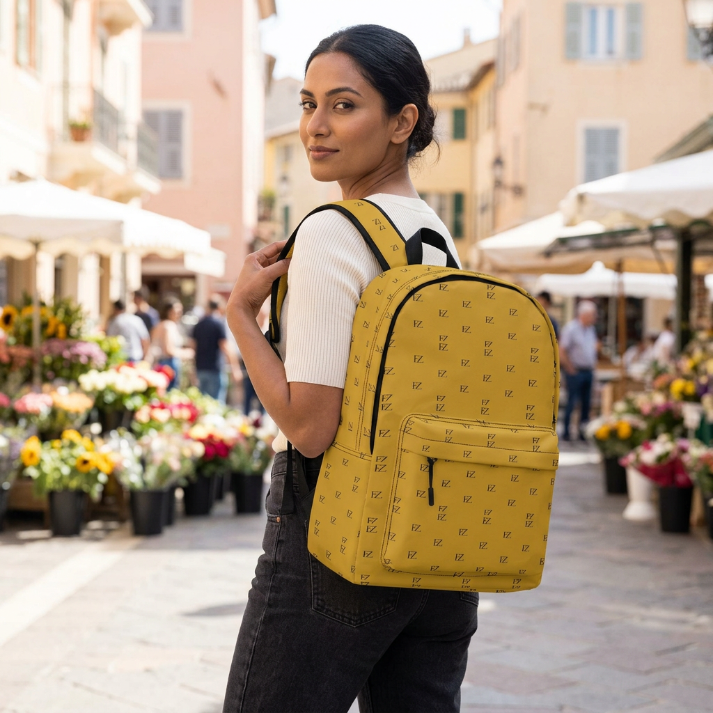 Female model carrying the mustard-yellow backpack in a market plaza