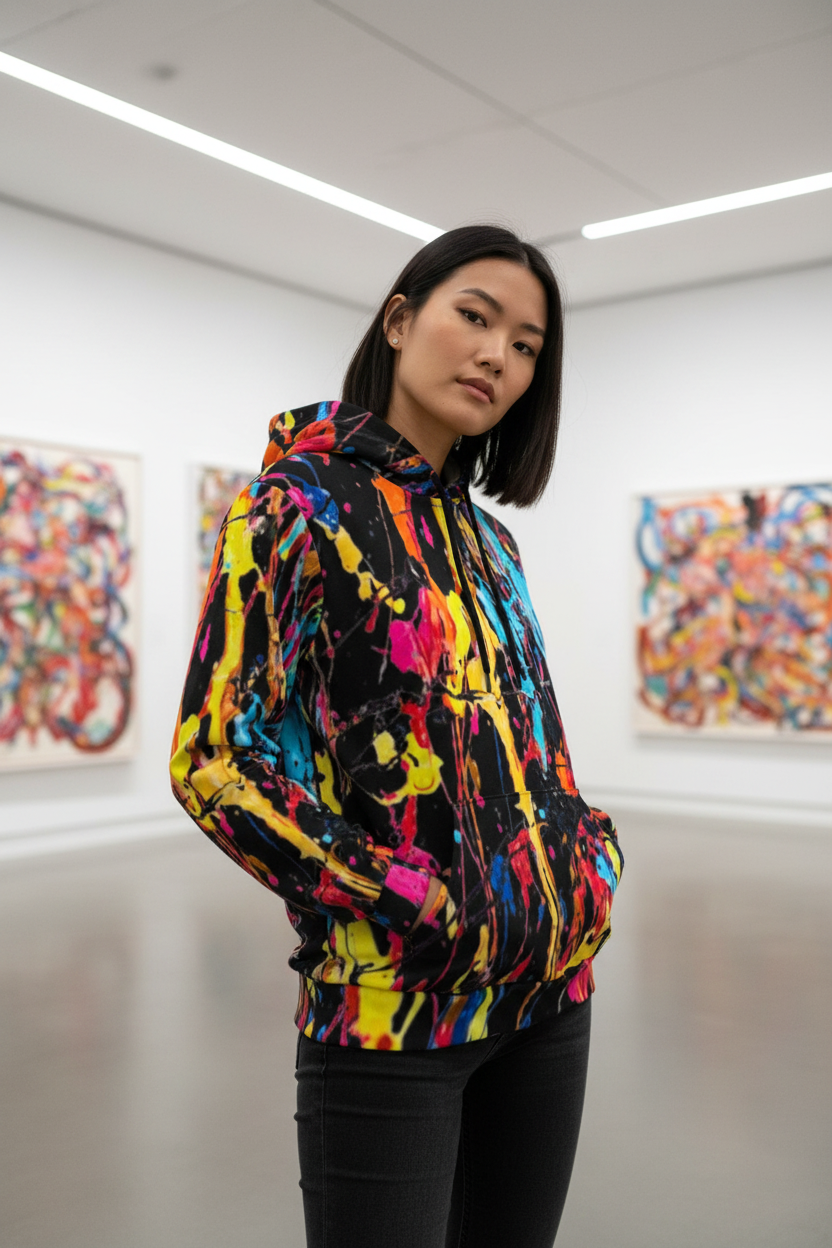 Female model - paint splatter hoodie