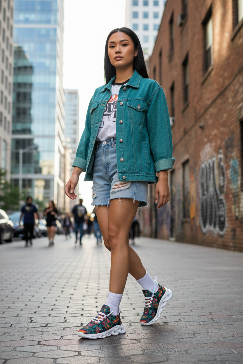 Female wearing geometric sneakers - white sole