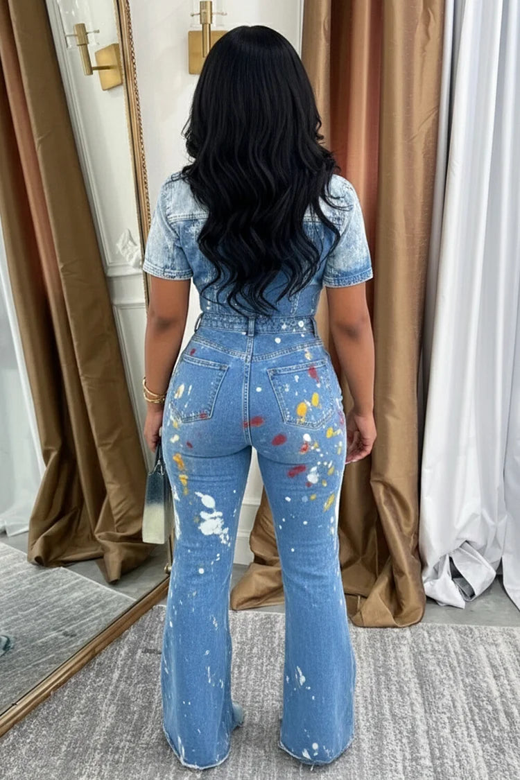 FZ Women's Splash Ink Print Short Sleeve Bootcut Casual Denim Jumpsuit