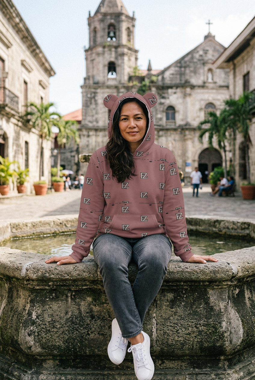 Filipina model beside a fountain