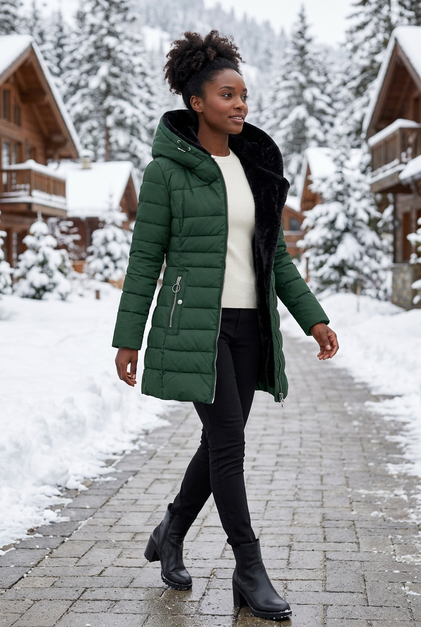Forest-green coat styled in a snowy chalet village