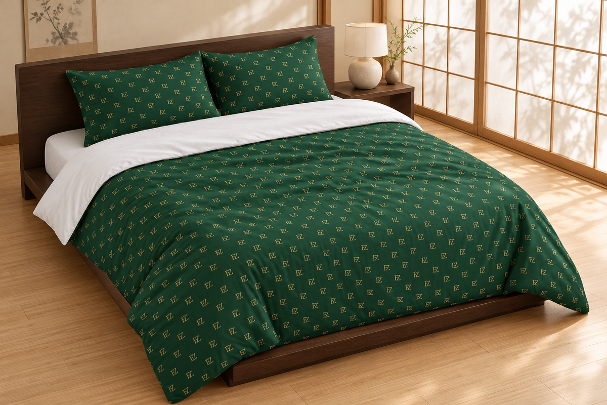 Forest-green monogram bedding in a Japanese-inspired bedroom