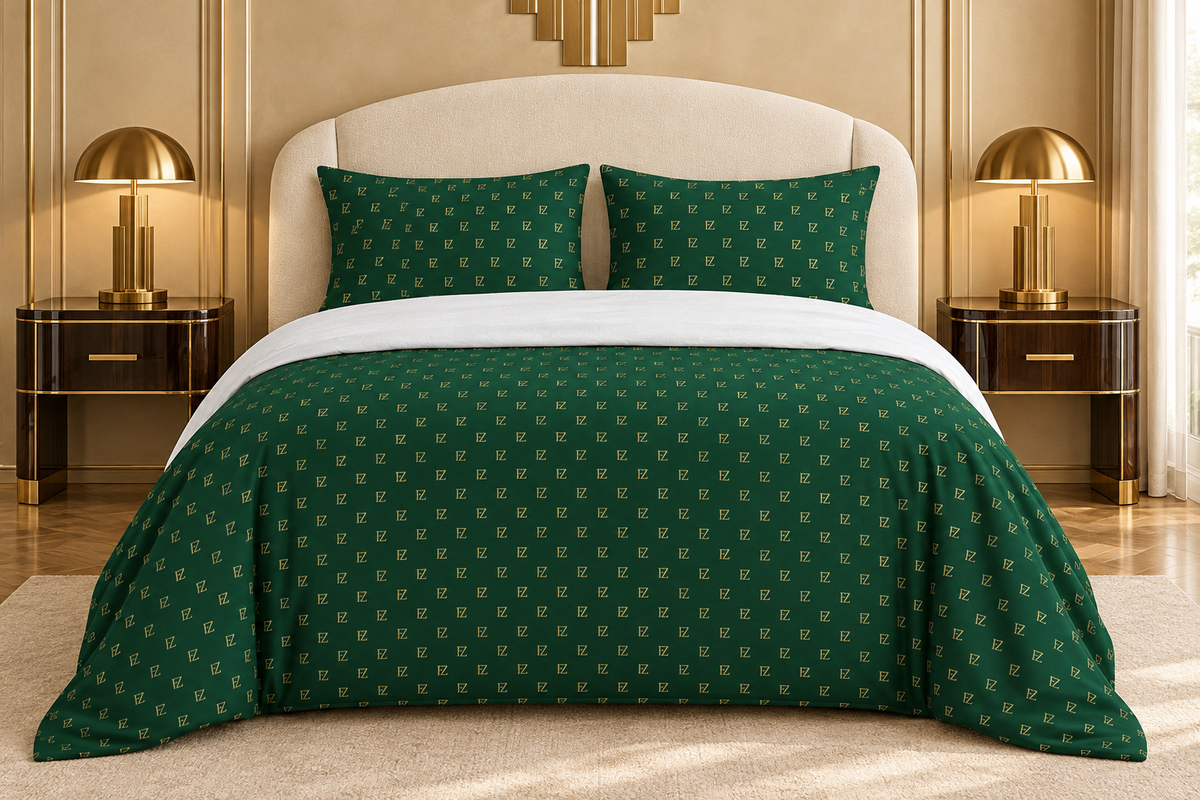 Forest-green monogram bedding in an Art Deco bedroom