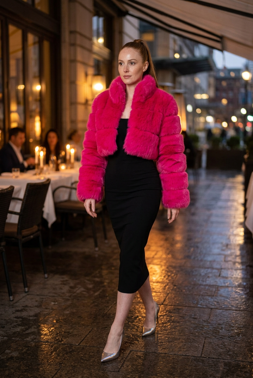 Fuchsia cropped fur coat on an evening restaurant terrace