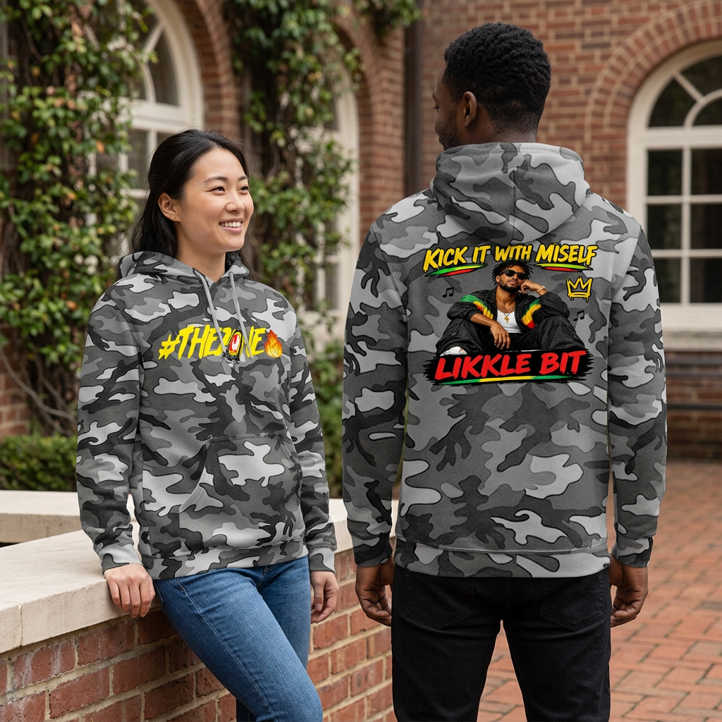 Gray camo hoodie lifestyle image with woman showing the front and man showing the back in a courtyard
