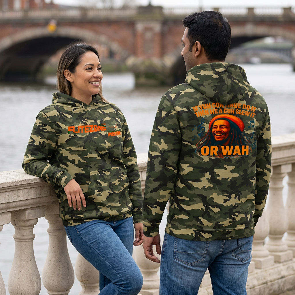 Green camo hoodie lifestyle image with woman showing the front and man showing the back beside a river