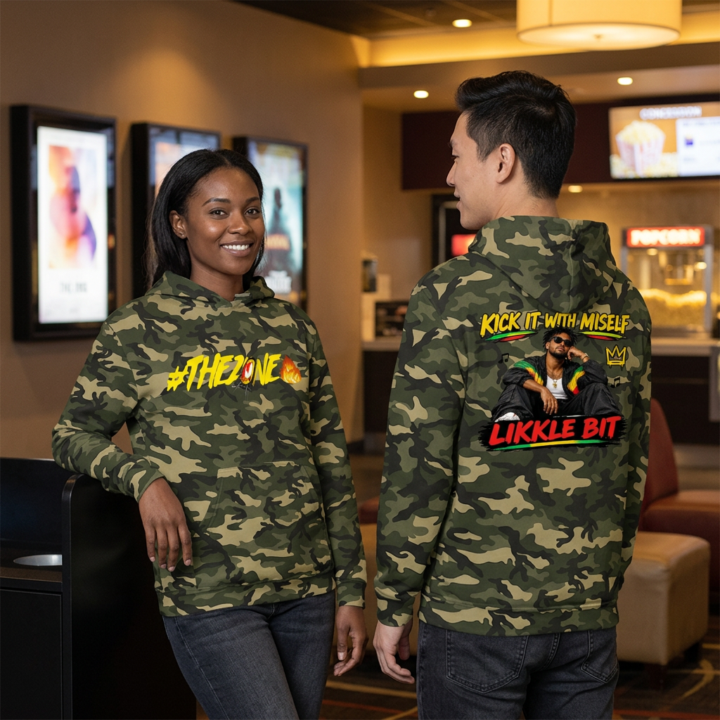 Green camo hoodie lifestyle image with woman showing the front and man showing the back in a movie theater lobby