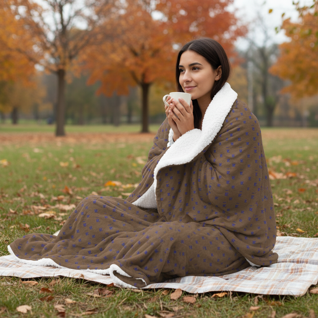 Hispanic female model FZ monogram brown blanket outdoor park