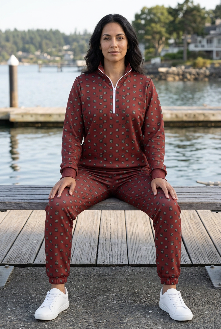 Hispanic female model seated on a waterfront bench in sneakers