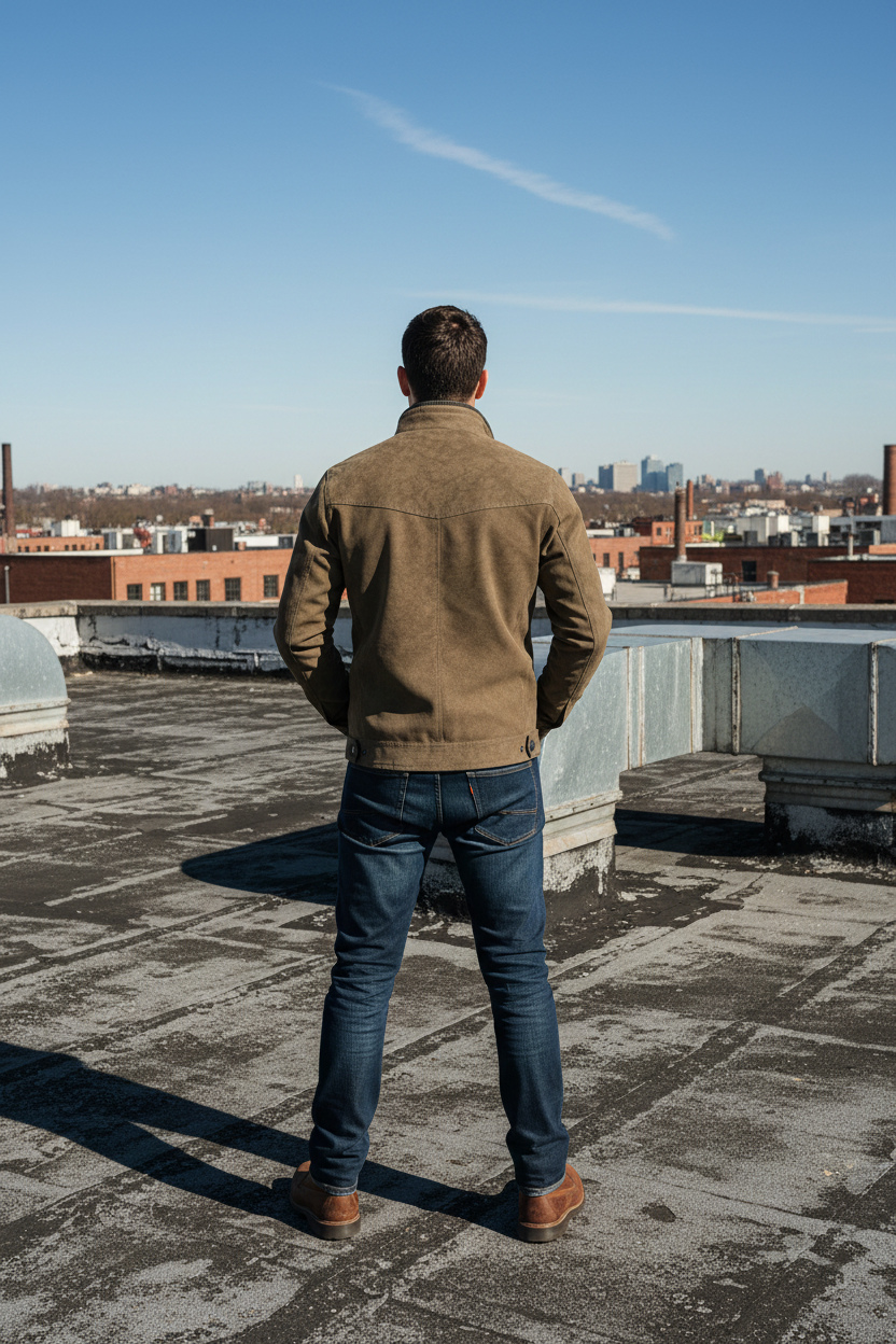 Hispanic male model, back view of olive-brown jacket