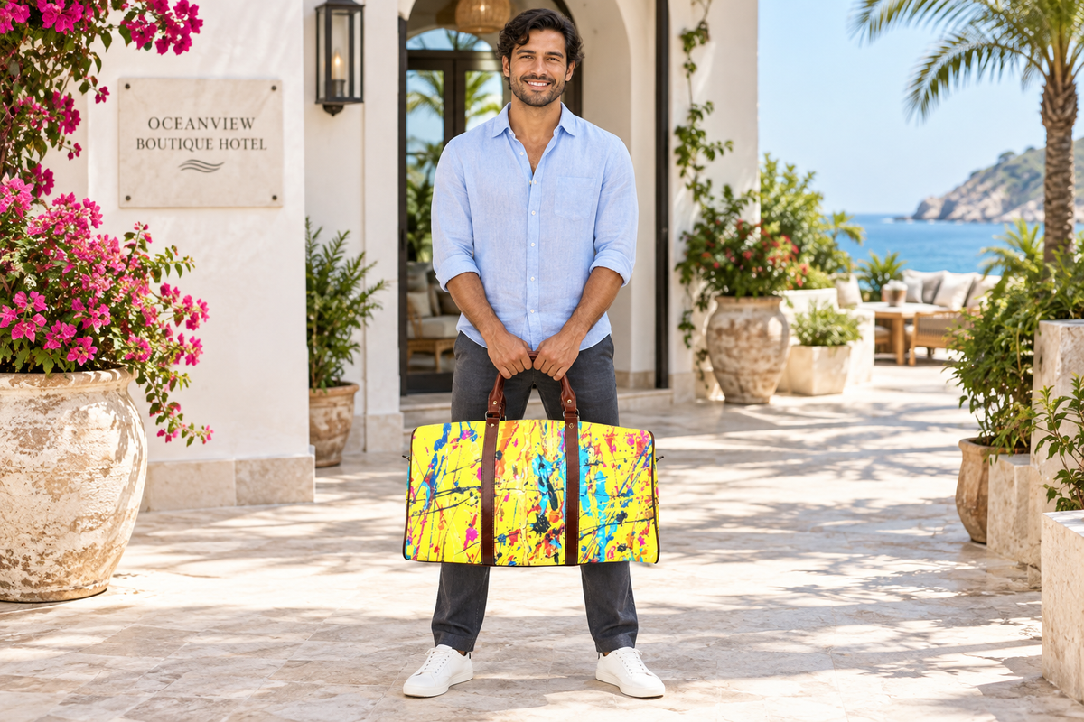 Hispanic male model holding the travel bag outside a coastal hotel