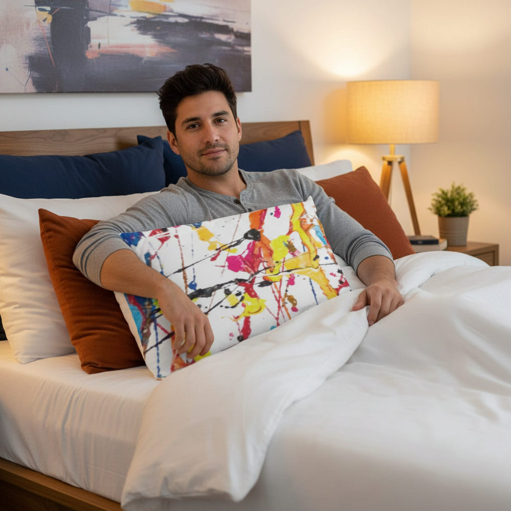 Hispanic male model paint splatter bed pillow