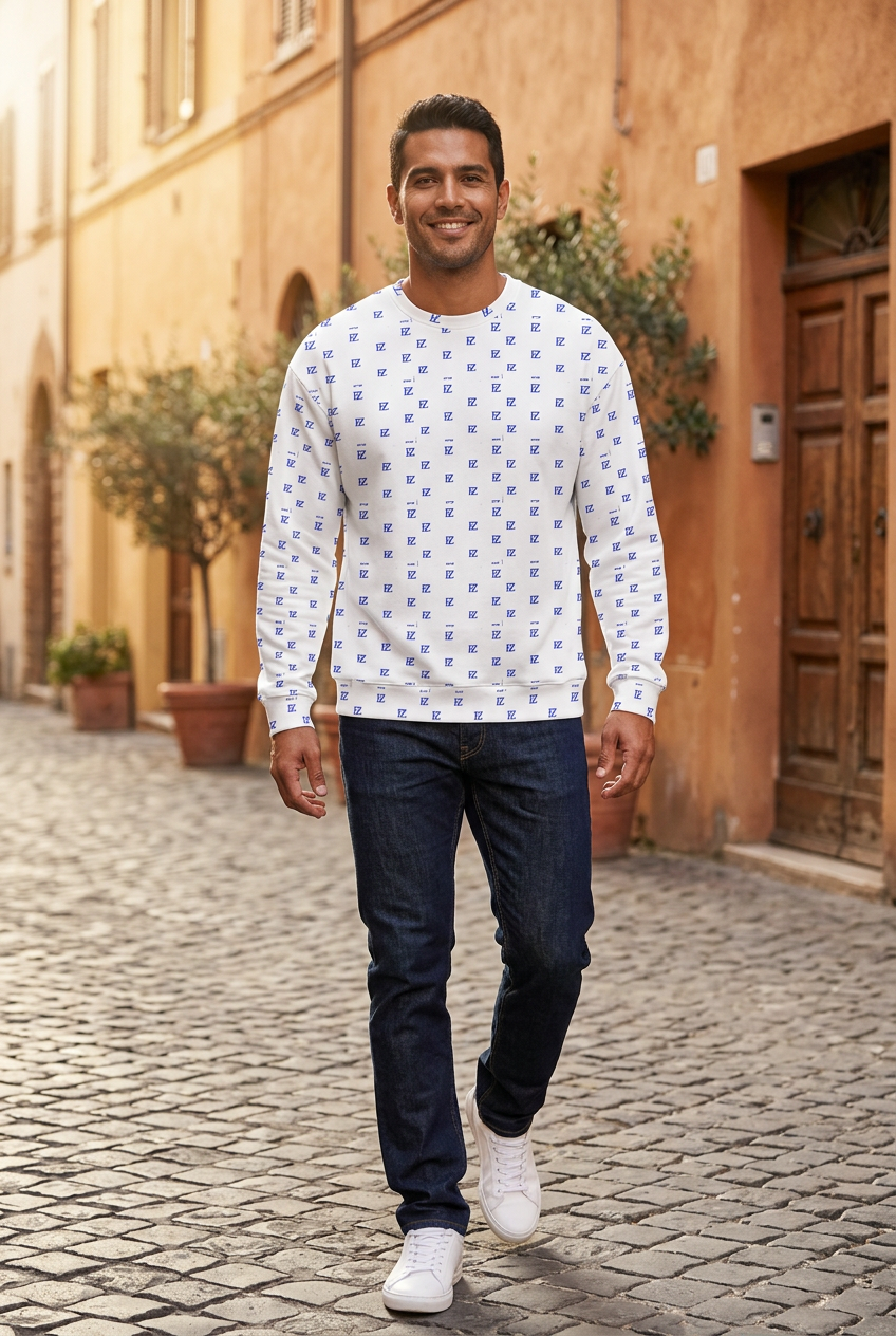 Hispanic male model walking along a cobblestone street