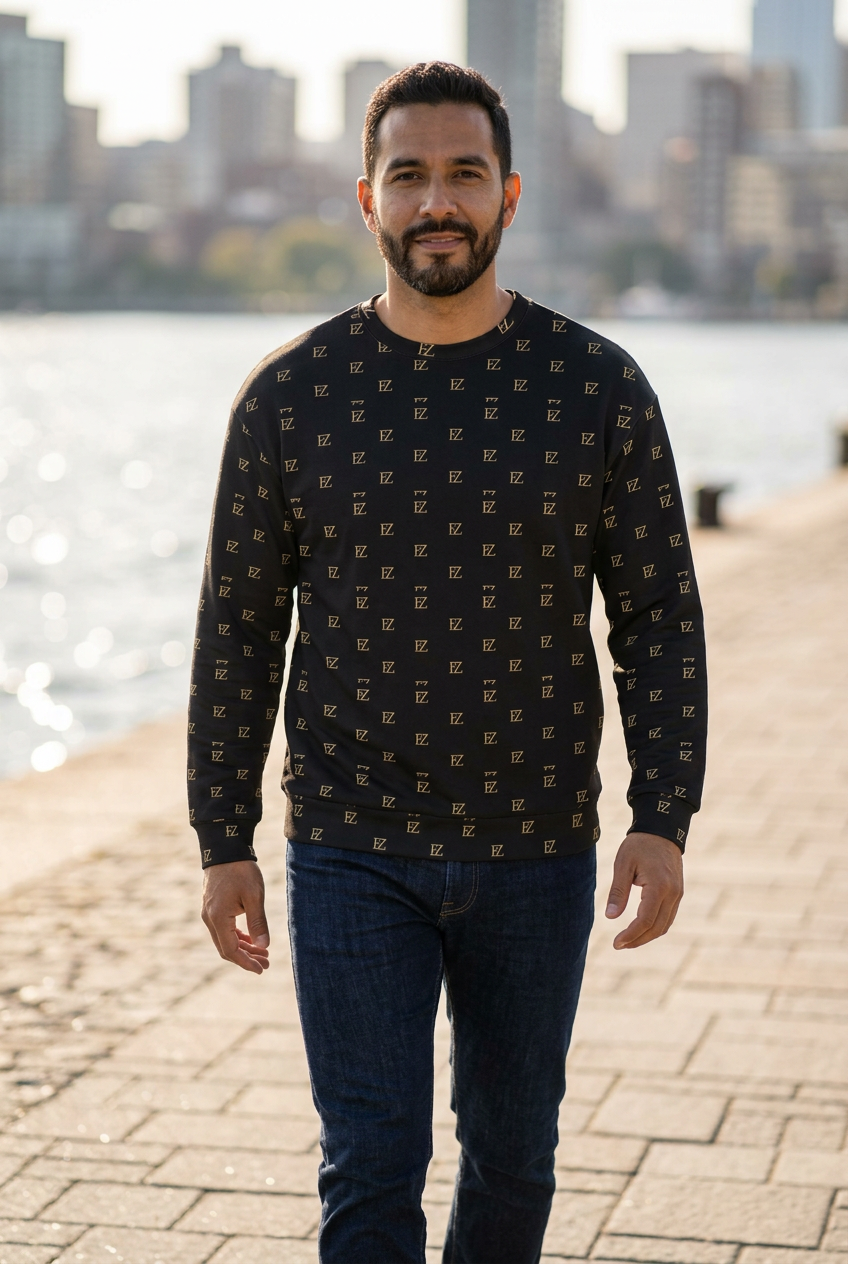 Hispanic male model walking along a waterfront