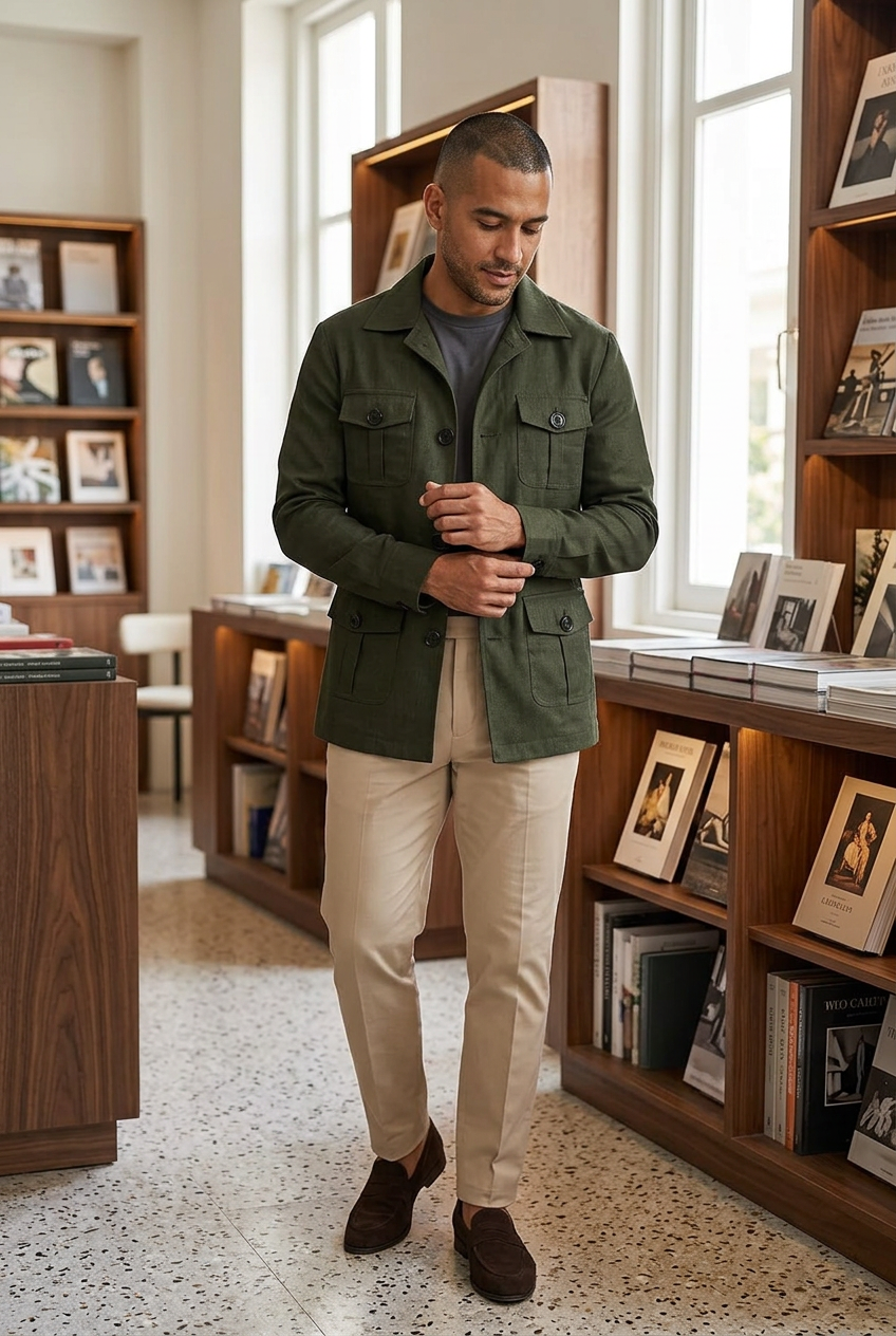 Hispanic male model wearing the army-green cargo jacket in an art-book shop