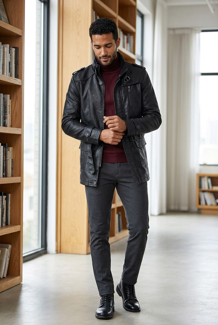 Hispanic male model wearing the black PU leather jacket in a loft library