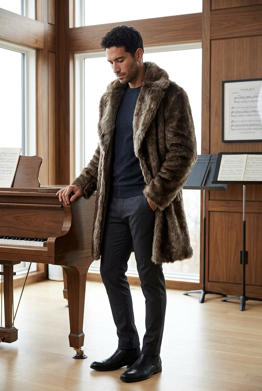 Hispanic male model wearing the brown knee-length coat in a private music salon