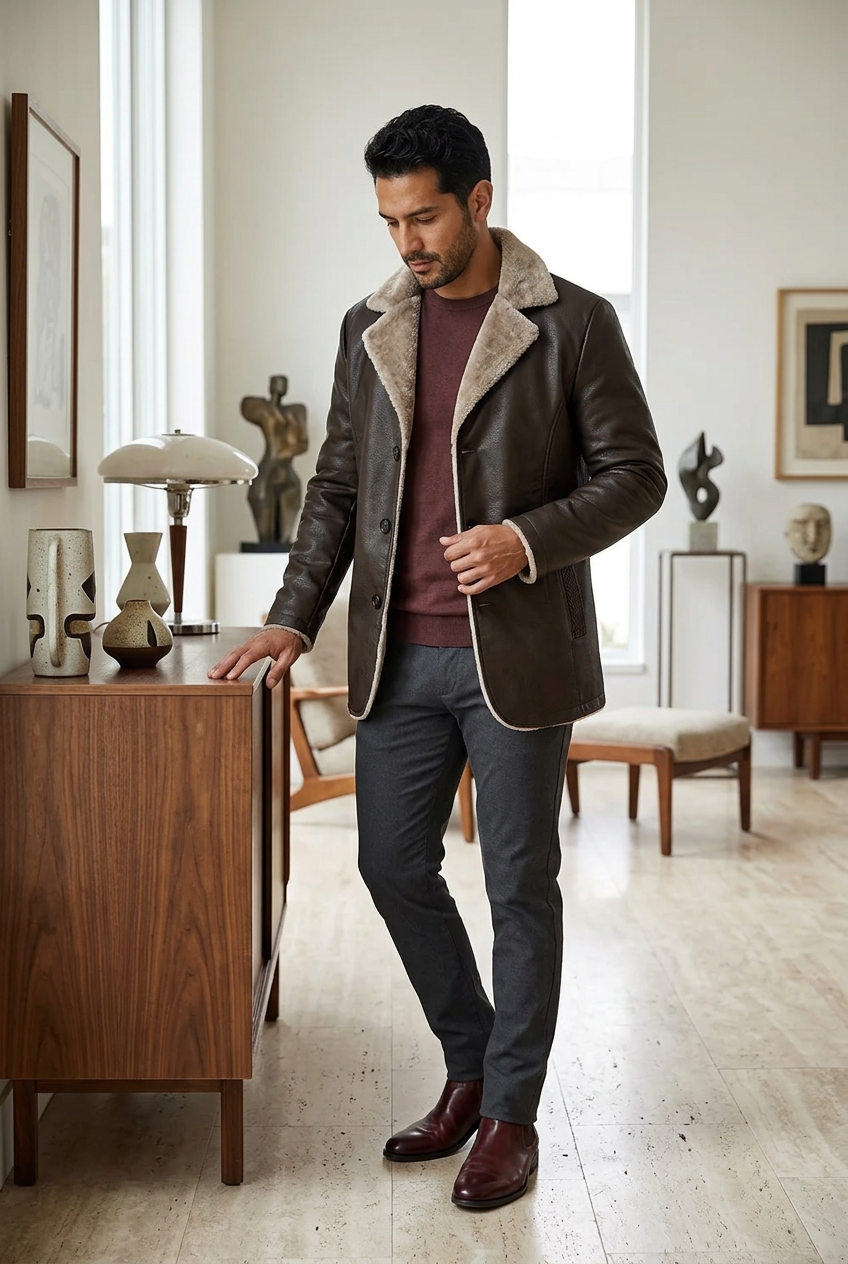 Hispanic male model wearing the dark-brown plush-collar PU jacket in a vintage design gallery