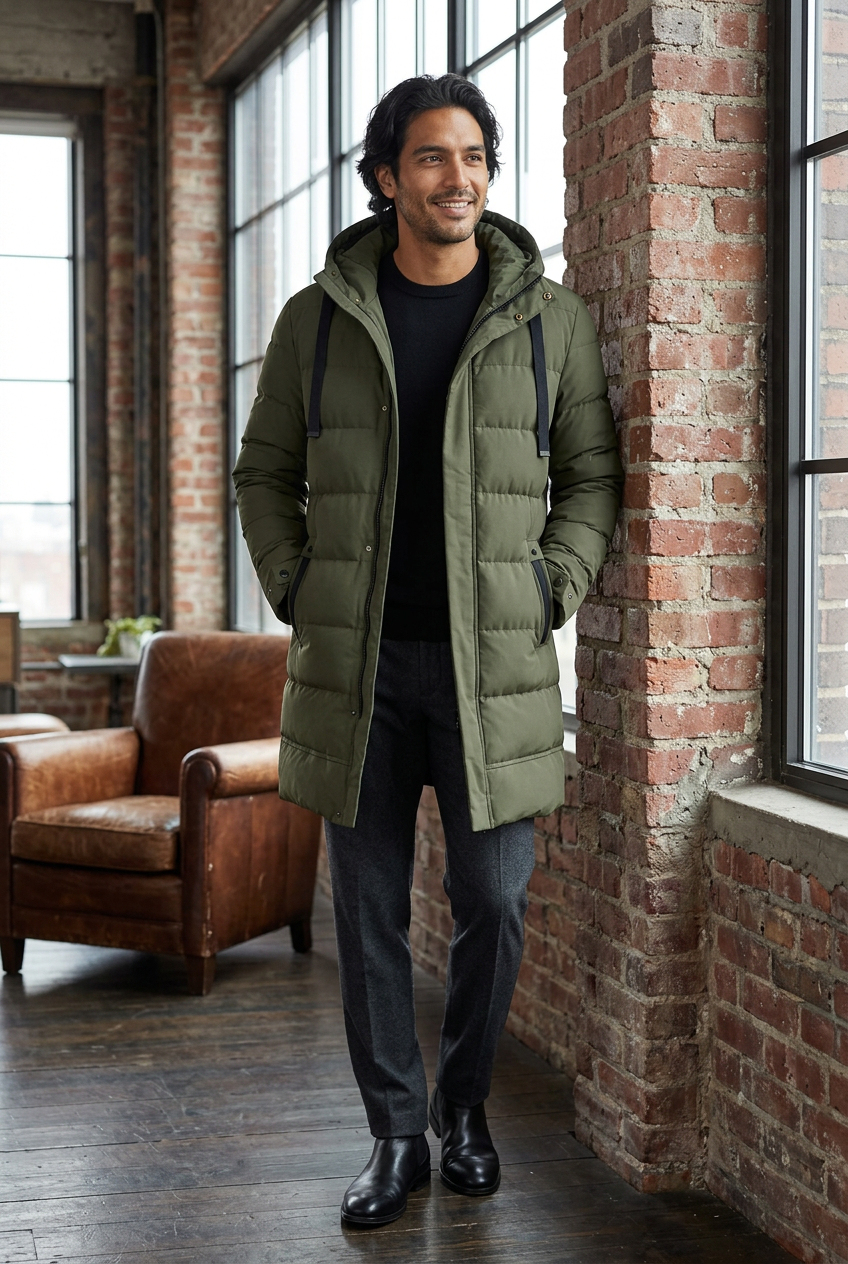 Hispanic male model wearing the olive-green parka in an industrial loft lounge