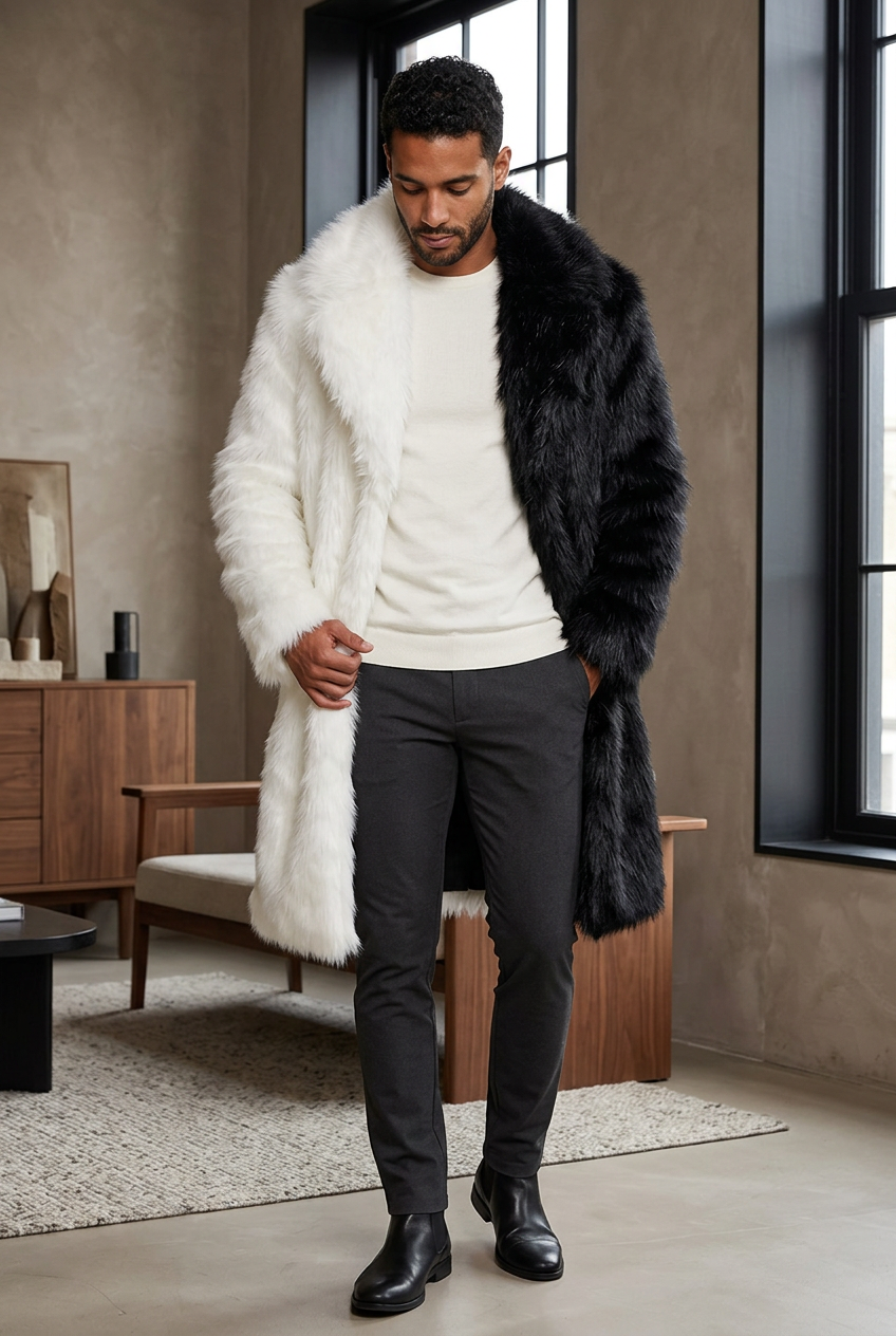 Hispanic male model wearing the split black-and-white coat in a loft lounge