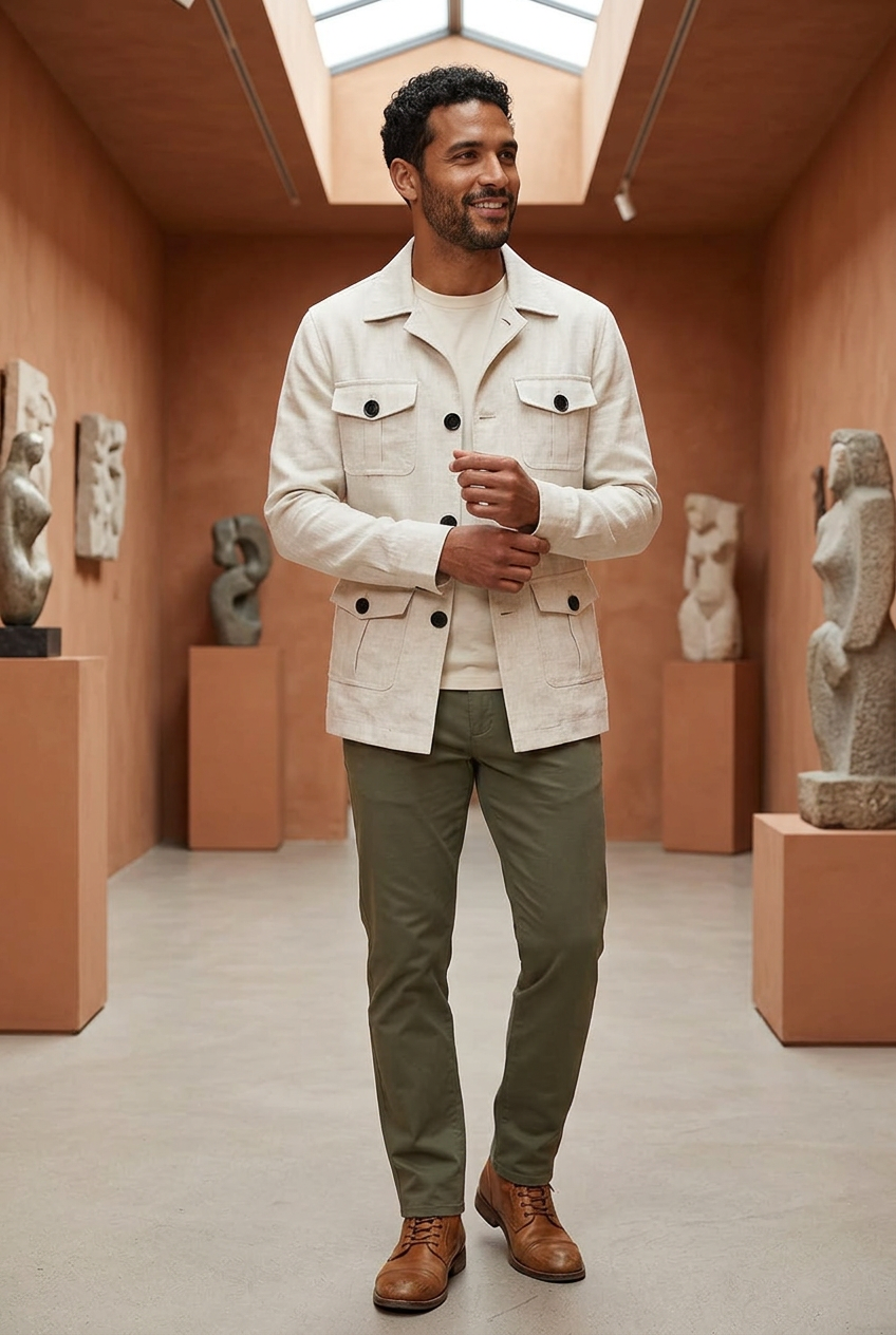 Hispanic male model wearing the white cargo jacket in a terracotta gallery