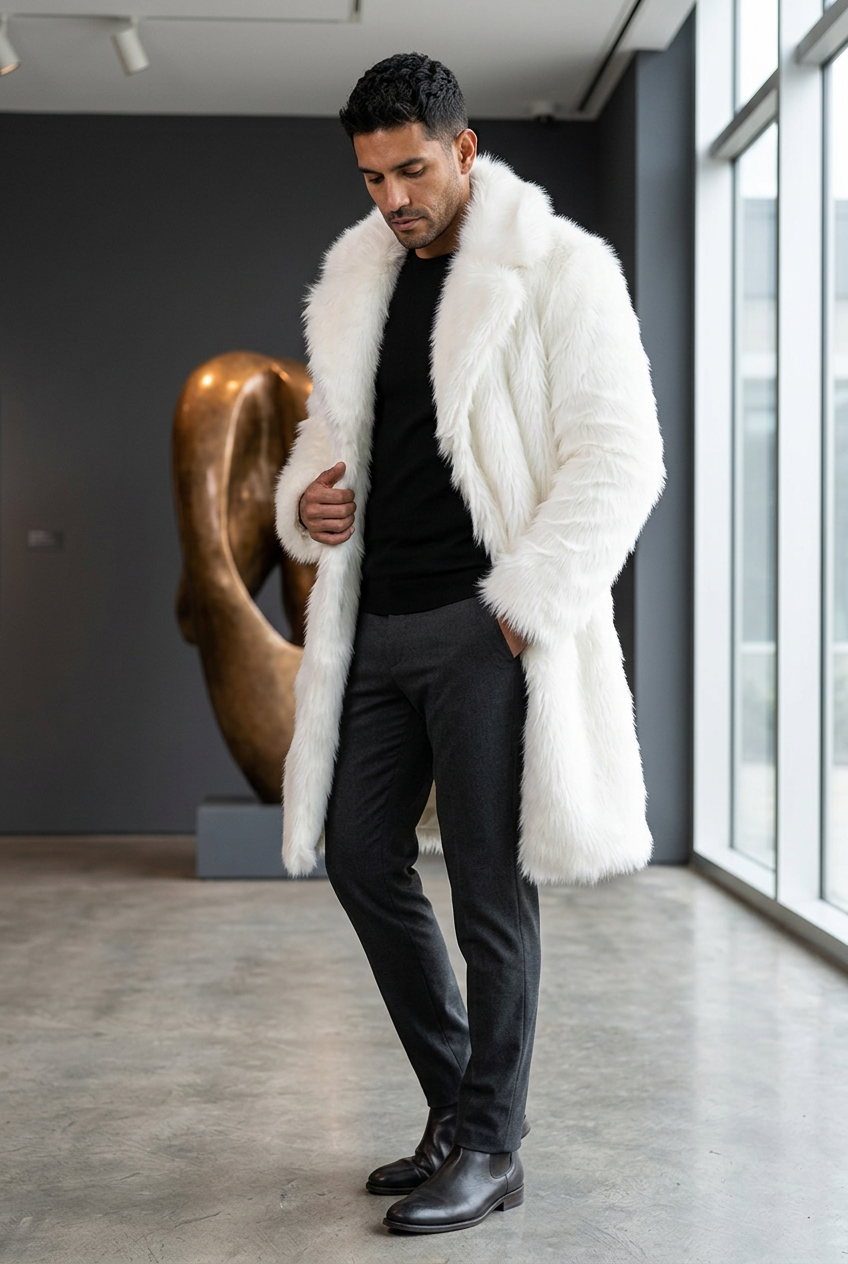 Hispanic male model wearing the white knee-length coat in a private art gallery