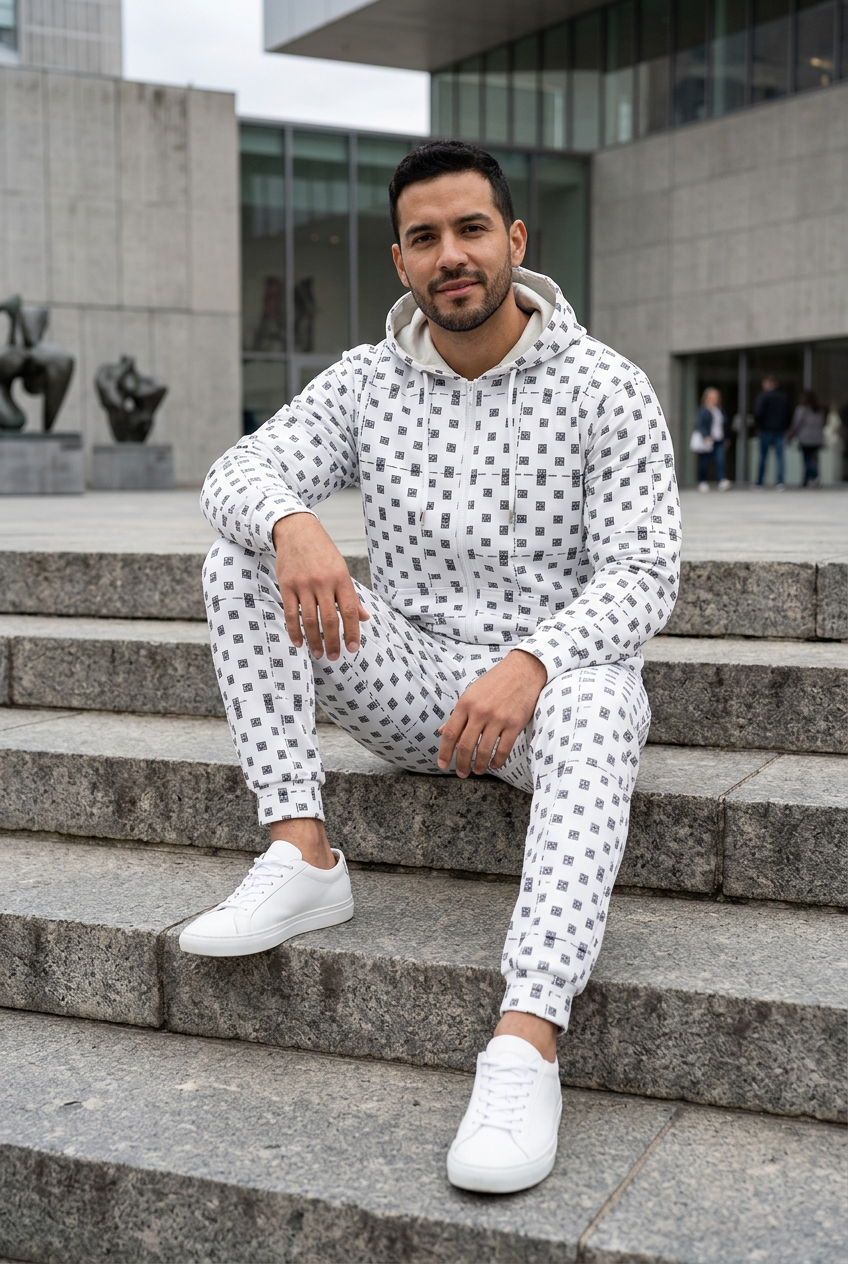 Hispanic male seated on museum steps