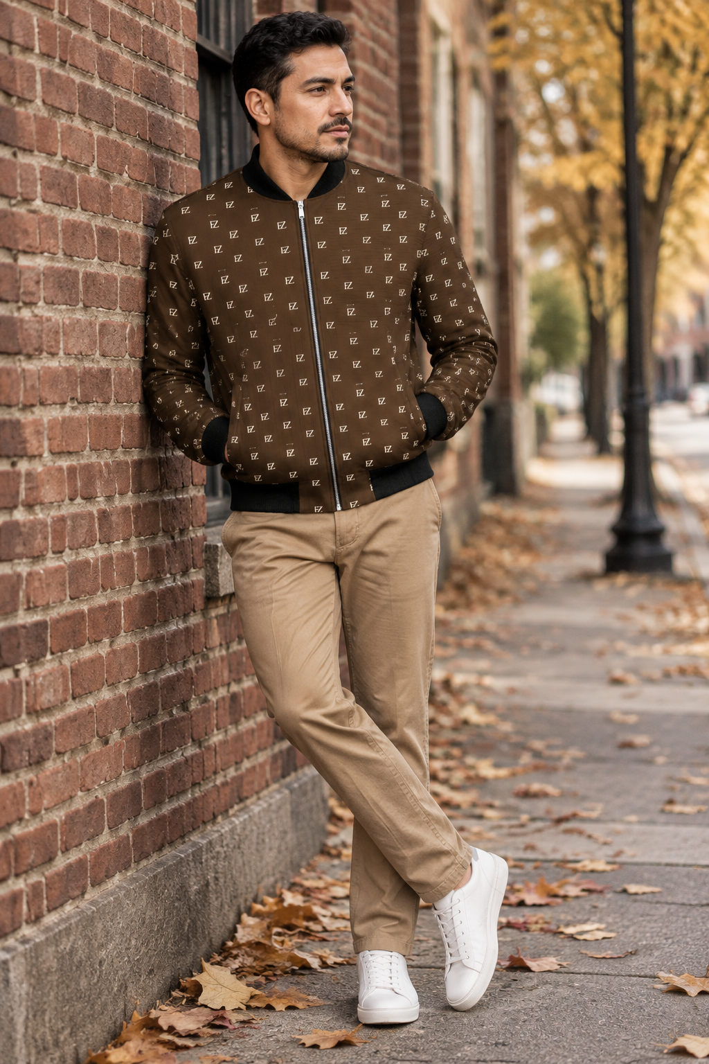 Hispanic man in the brown FZ bomber on an autumn street