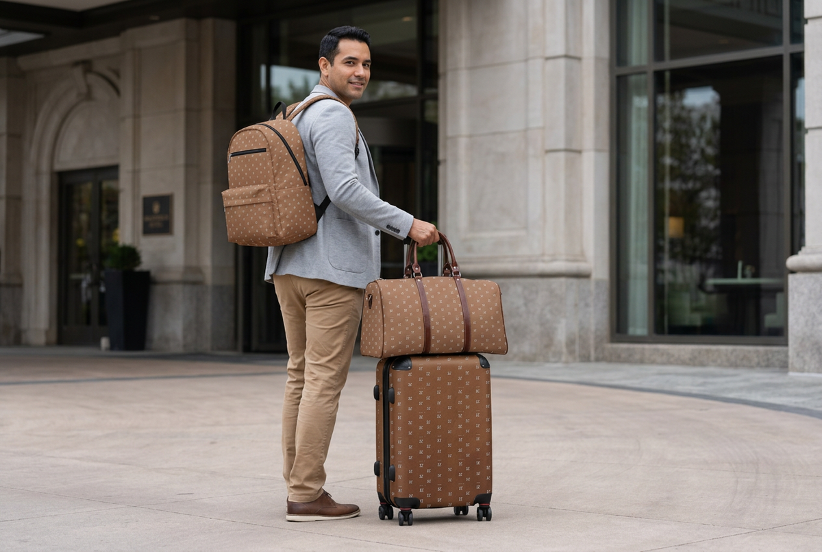 Hispanic man outside a hotel pushing the suitcase with the duffel resting on top and wearing the backpack