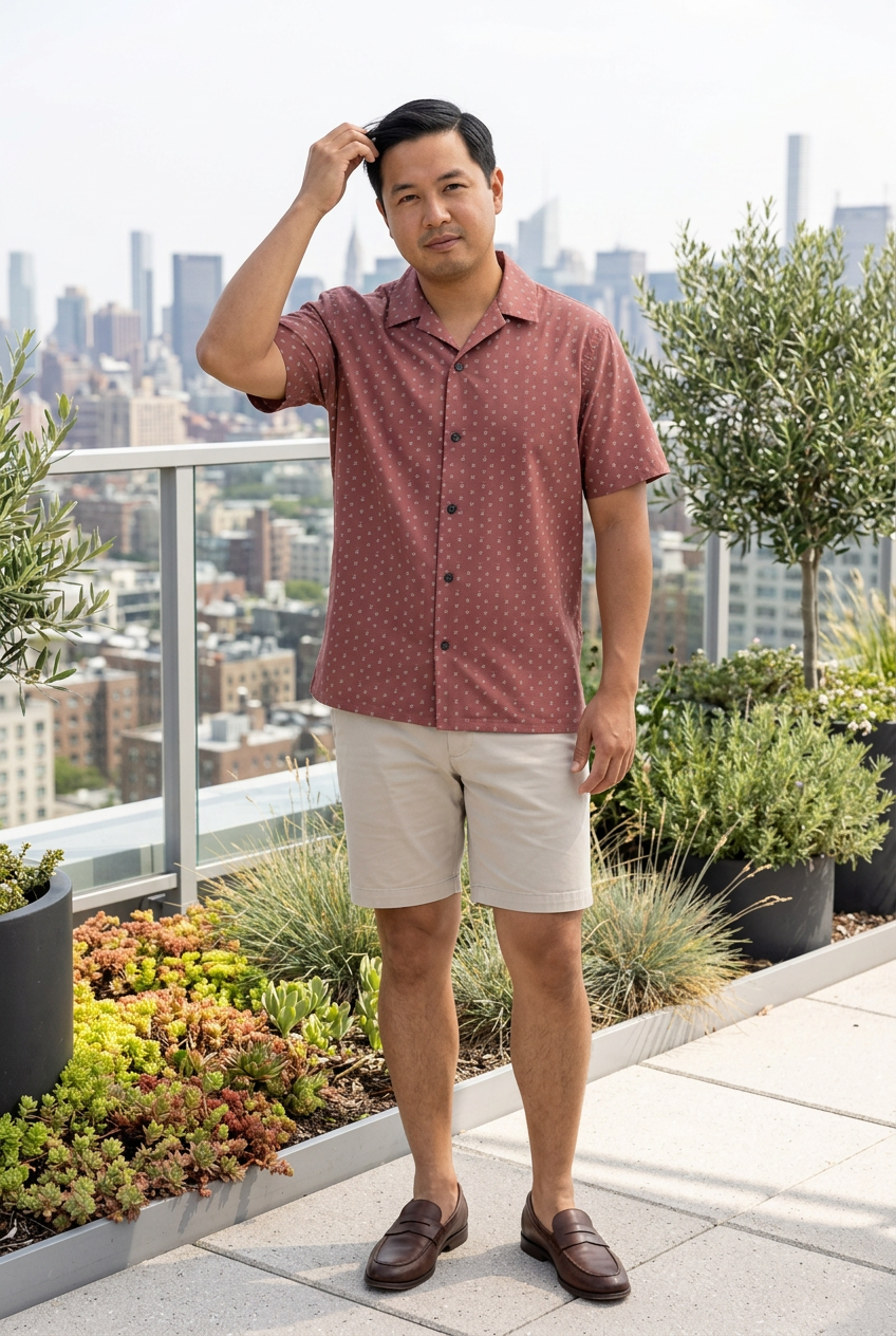Hispanic model adjusting his hair in a rooftop garden