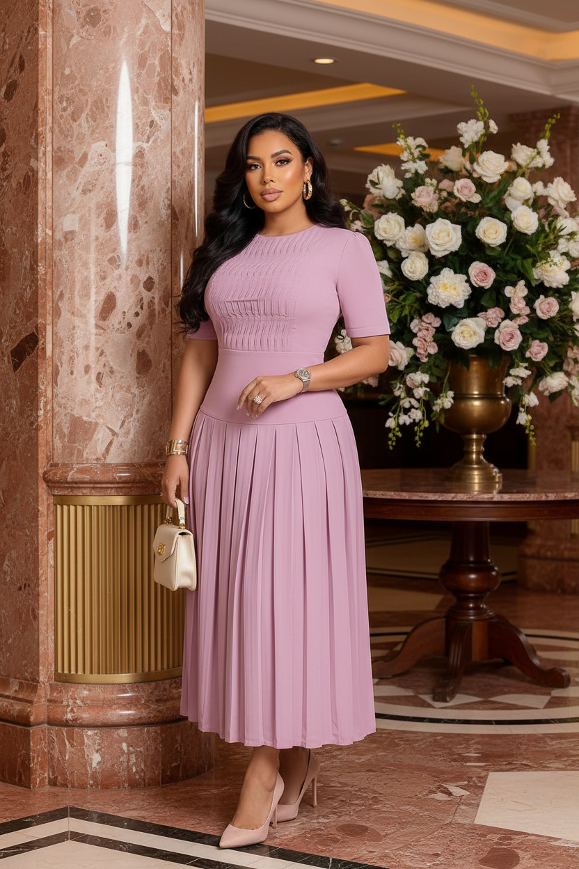 Hispanic model in blush-pink pleated set in a hotel lobby