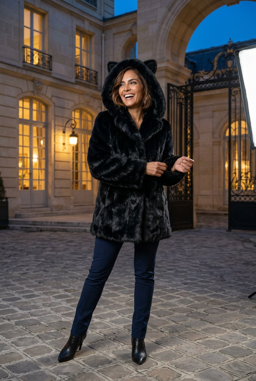Hispanic model wearing the black faux fur ears coat in an evening courtyard