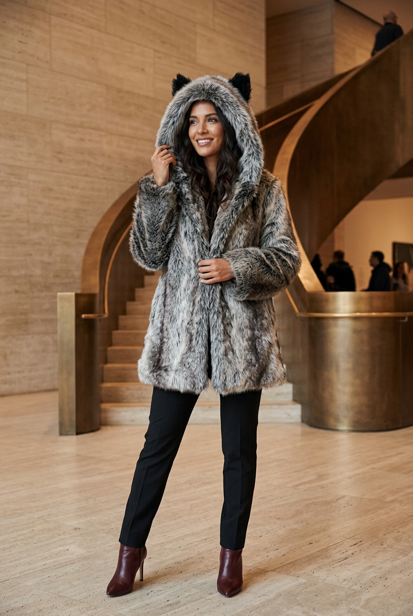 Hispanic model wearing the gray faux fur ears coat in a museum lobby