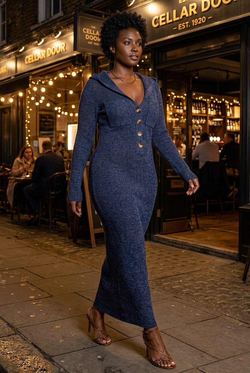 Hooded sweater dress, wine-bar night-out look