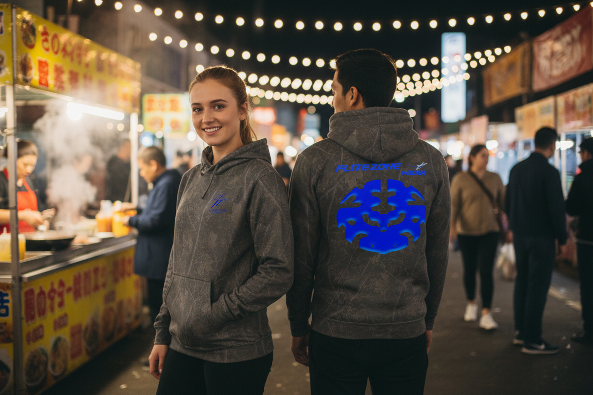 Hoodie lifestyle image at an open-air night market