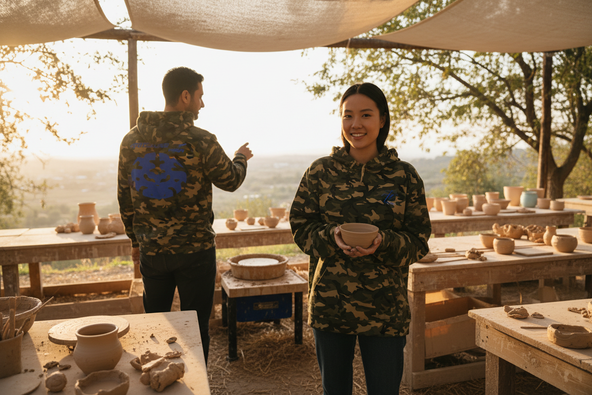 Hoodie lifestyle image at an outdoor pottery studio