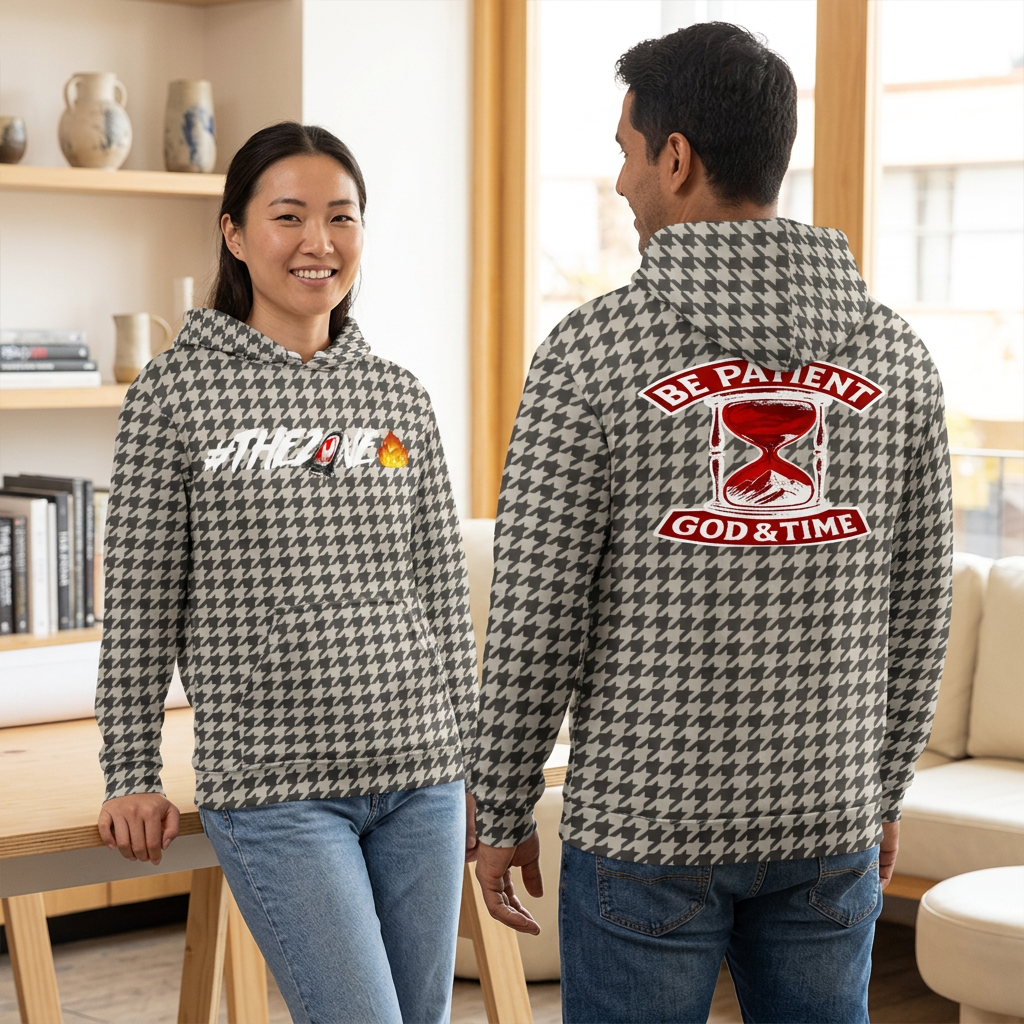Houndstooth hoodie lifestyle image with woman showing the front and man showing the back in a design studio