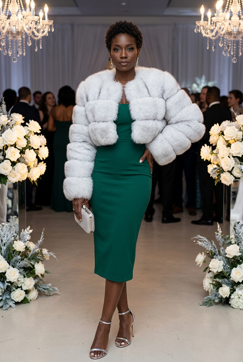 Icy-white cropped fur coat at a winter gala